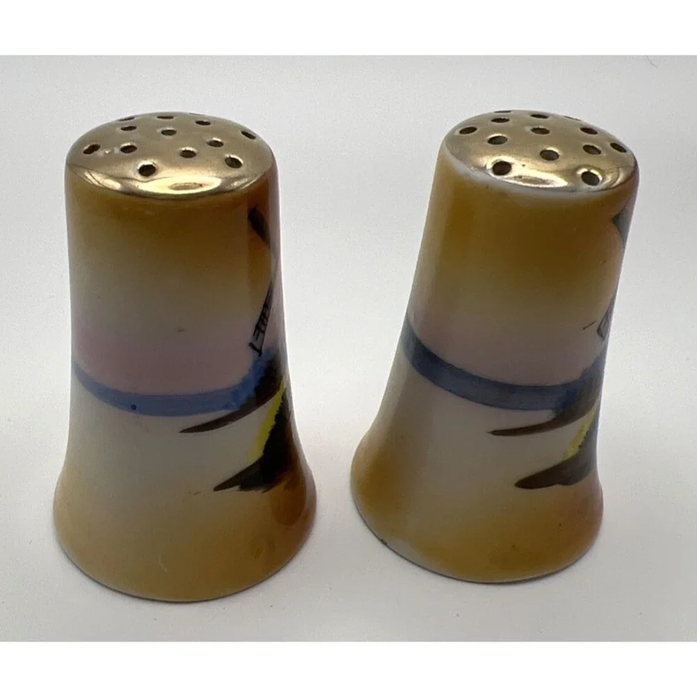 Vtg Chikaramachi of Japan Hand Painted Windmill Salt & Pepper Shakers Gold Tops